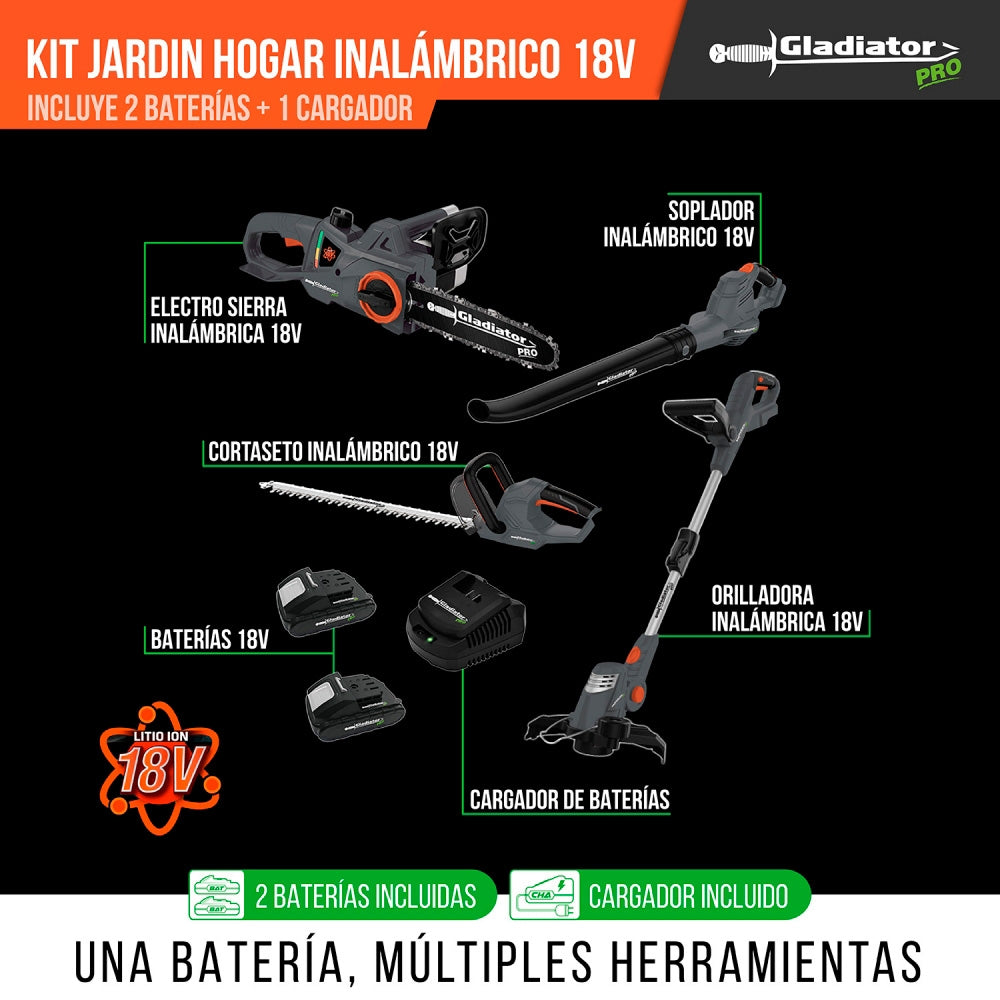 Kit Inalámbrico 18V Electrosierra + Cortasetos + Orilladora + Soplador + 2 Bat. + Cargador GLADIATOR