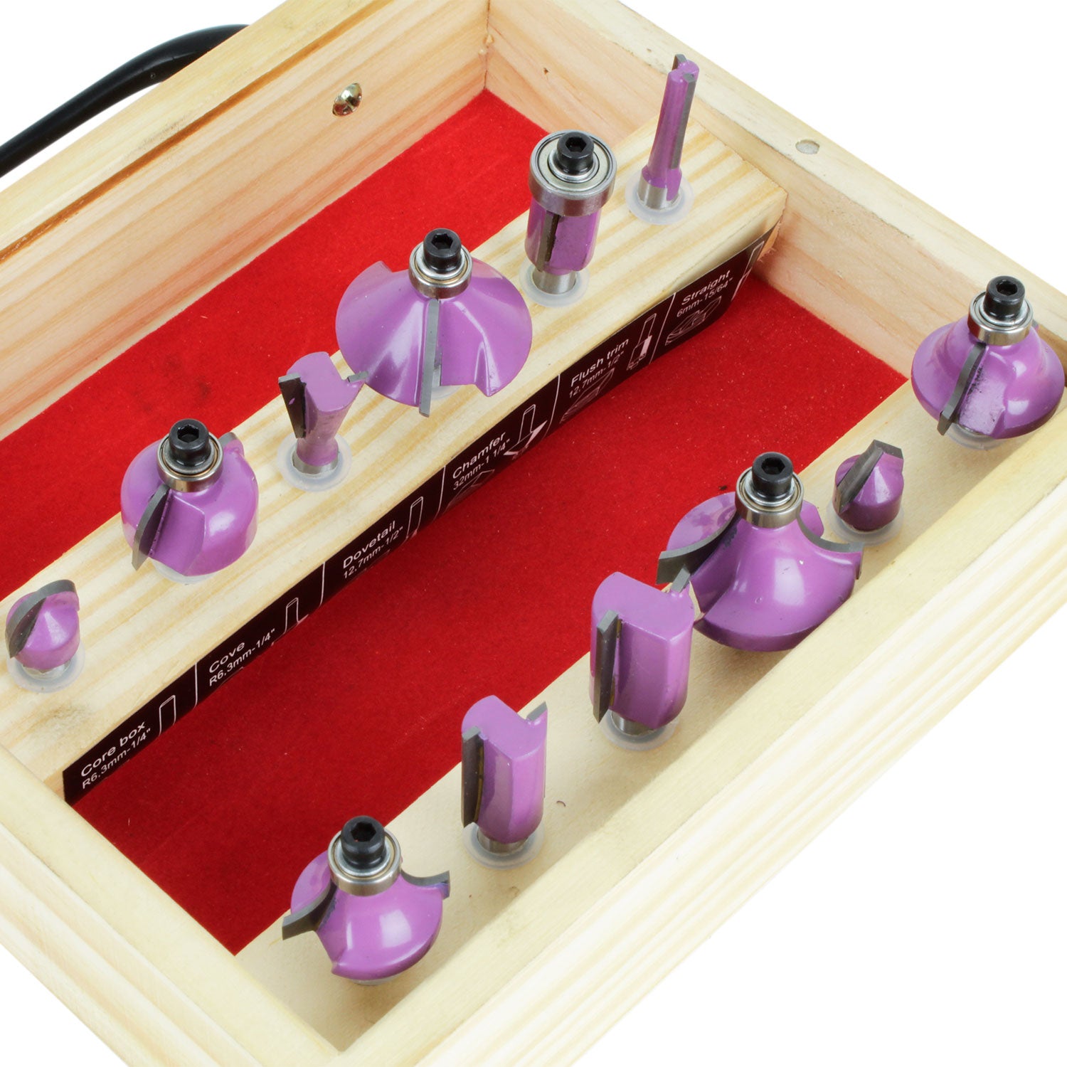 JUEGO 12 FRESAS EJE 1/4&#39;; Caja de madera