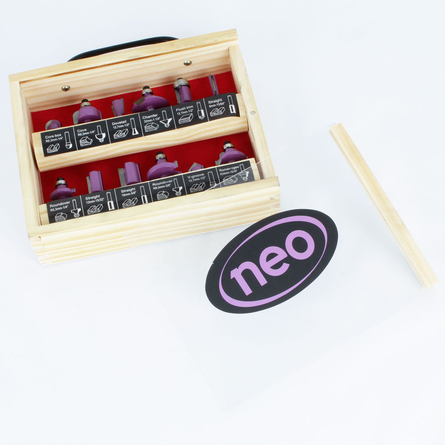 JUEGO 12 FRESAS EJE 1/4&#39;; Caja de madera