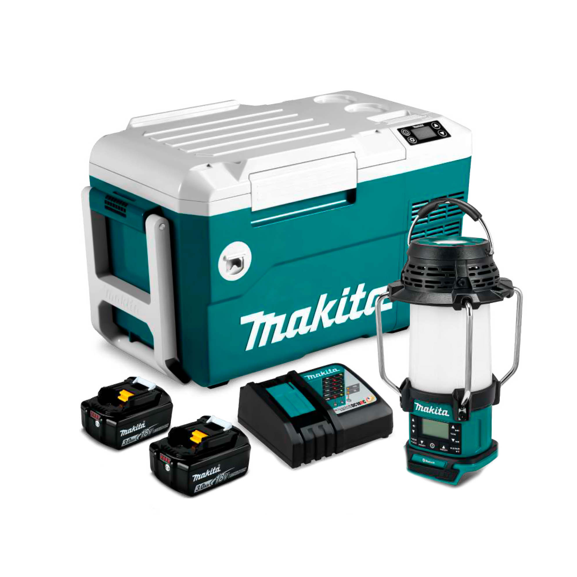 Combo Cooler Inal. DCW180 + Lampara-Radio Inal. DMR057 + 2 Baterías 18V + Cargador Rápido Baterías MAKITA