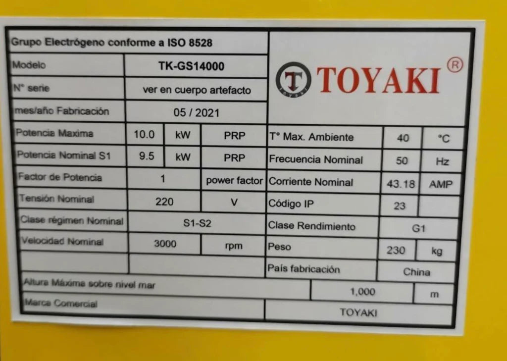 Generador Toyaki Diesel Monofásico 10KVA + ATS