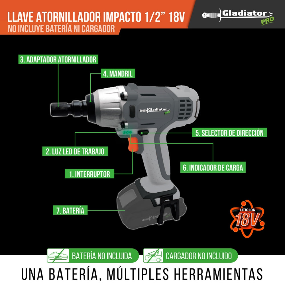 Llave-Atornillador de Impacto Inalámbrico 1/2" 18V GLADIATOR