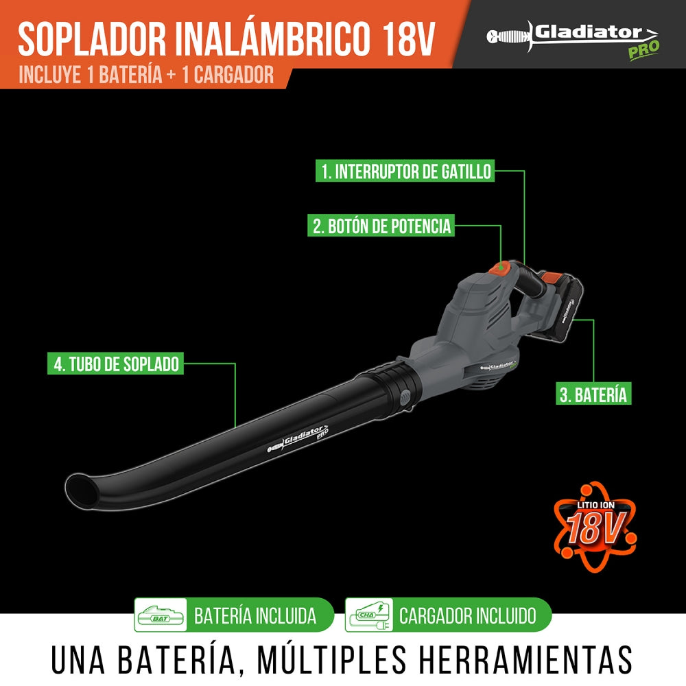 Soplador Inalambrico 18V + 1 BAT 2AH + Cargador GLADIATOR