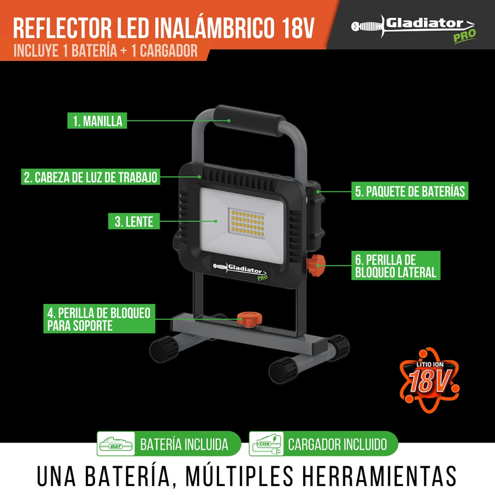 Reflector LED Inalámbrico 18v 1BAT RF 820/18C1 GLADIATOR