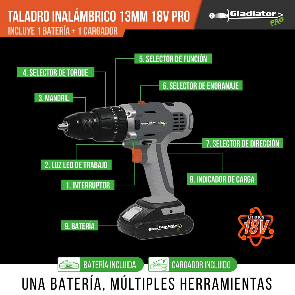 Taladro 13mm Inalámbrico 18V 1BAT TP 813/18 C1 PRO GLADIATOR