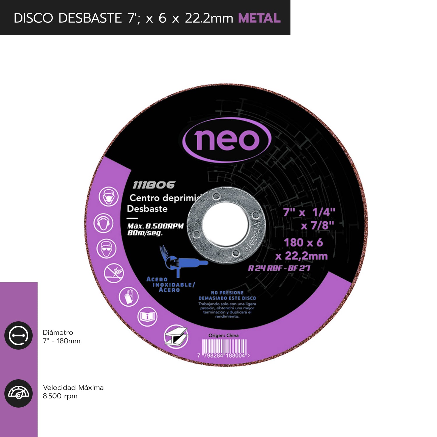 DISCO DESBASTE 7&#39;; x 6 x 22.2mm METAL 111806
