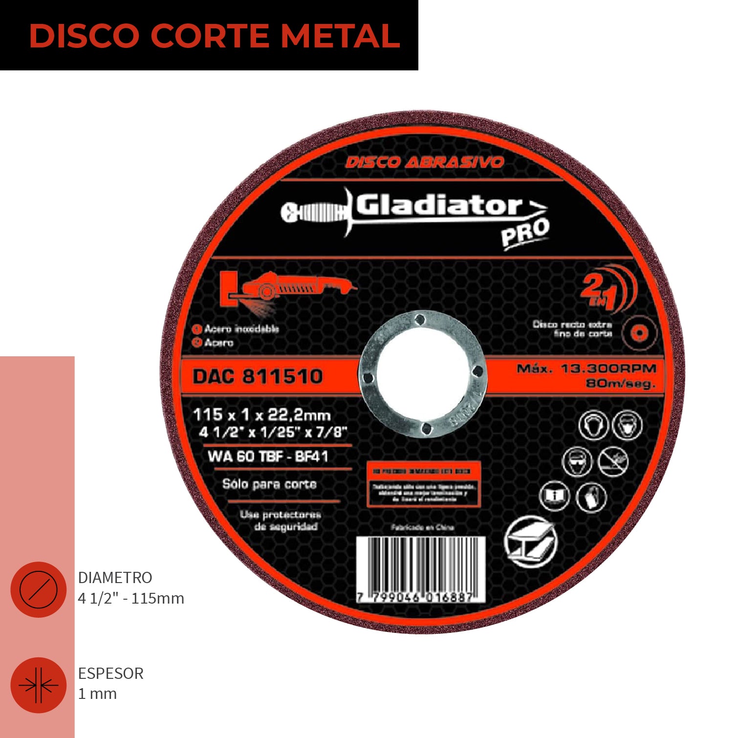 DISCO CORTE 4 1/2&#39;; X 1,0mm METAL/INOX DAC 811510