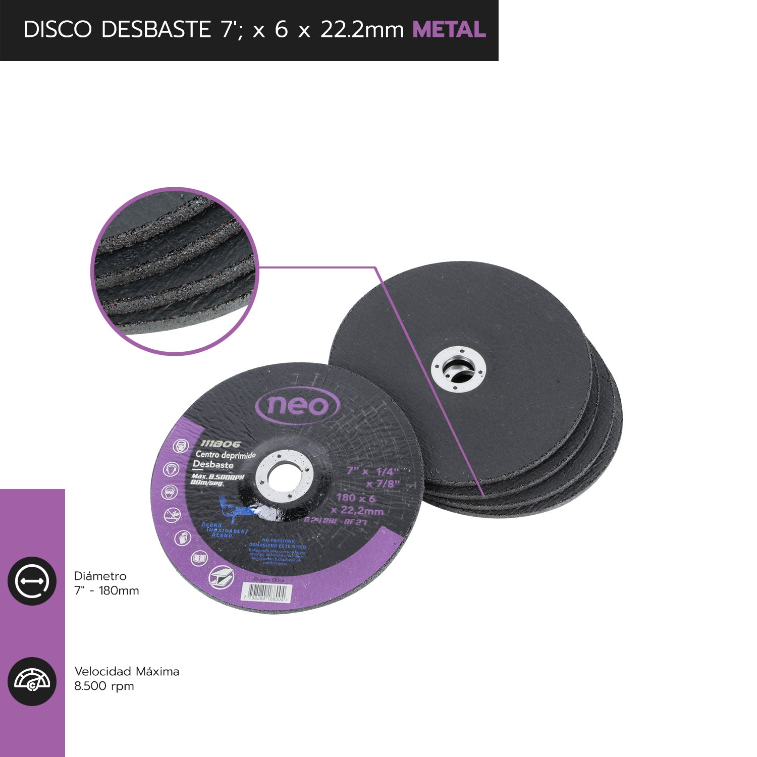 DISCO DESBASTE 7&#39;; x 6 x 22.2mm METAL 111806