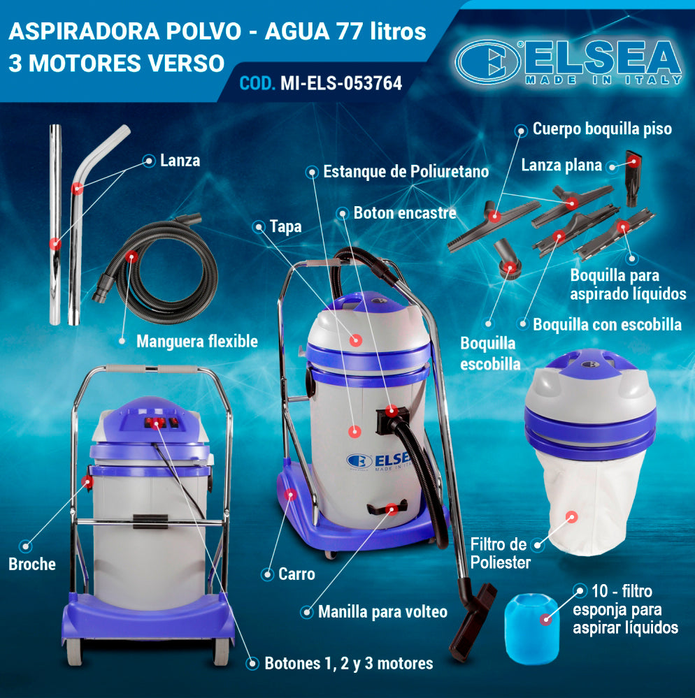 ASPIRADORA POLVO - AGUA 77 litros 3 MOTORES VERSO
