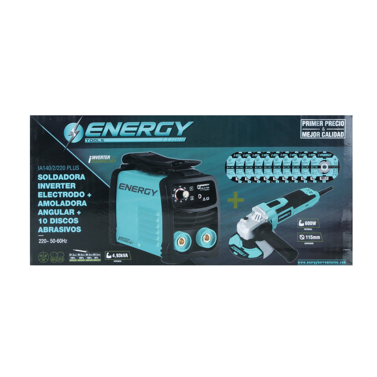 Kit Soldadora Inv Arco 140 Amp + Esmeril Angular + 10 Discos ENERGY