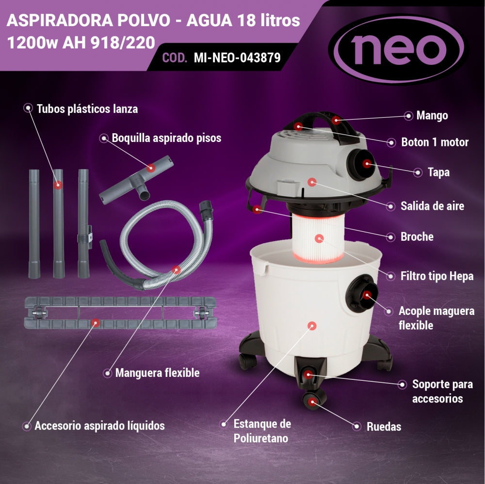 ASPIRADORA POLVO - AGUA 18 litros 1200w AH 918/220