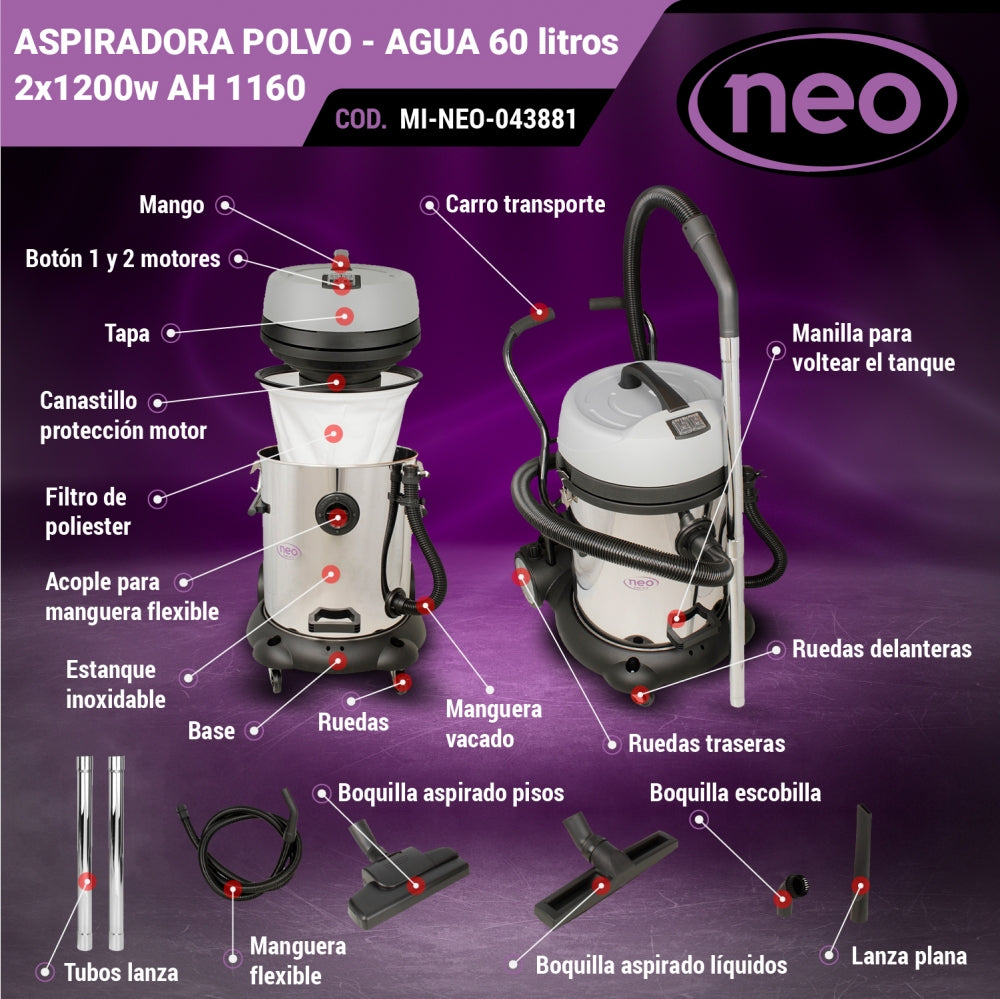 ASPIRADORA POLVO - AGUA 60 litros 2x1200w AH 1160