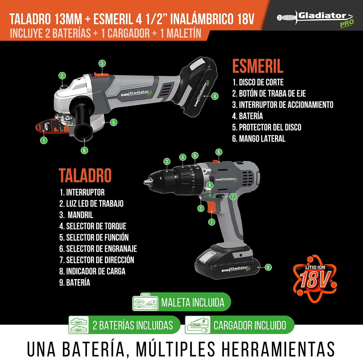 Taladro 13mm + Esmeril 4 1/2' Inalámbrico 18v 2BAT GLADIATOR