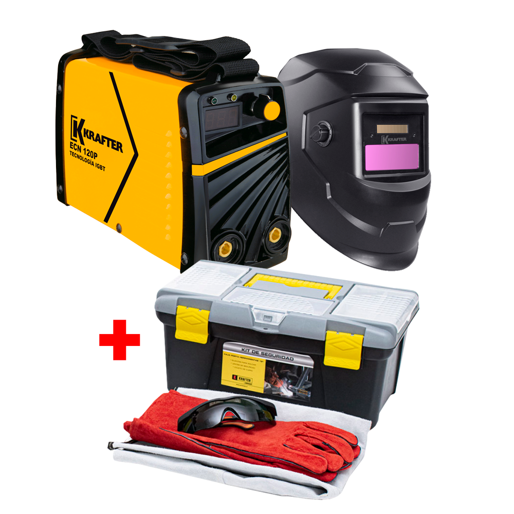 Pack Soldadora INV ECN 120P + Mascara Fella + Kit Seguridad KRAFTER
