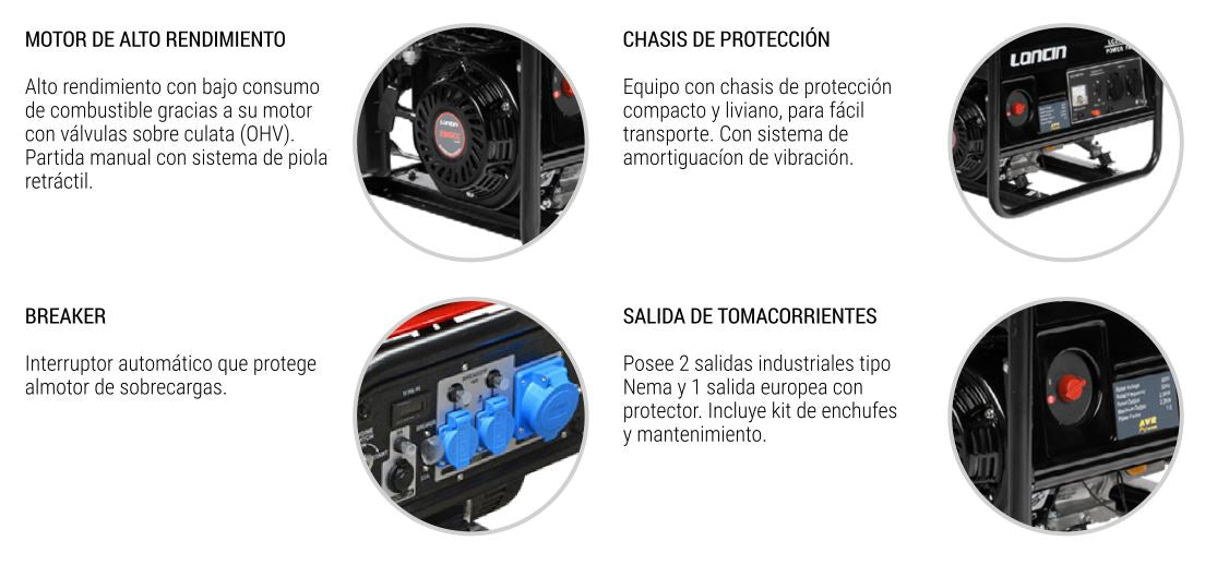 Generador Eléctrico Gasolina de 2,2 Kva Loncin LC2500F