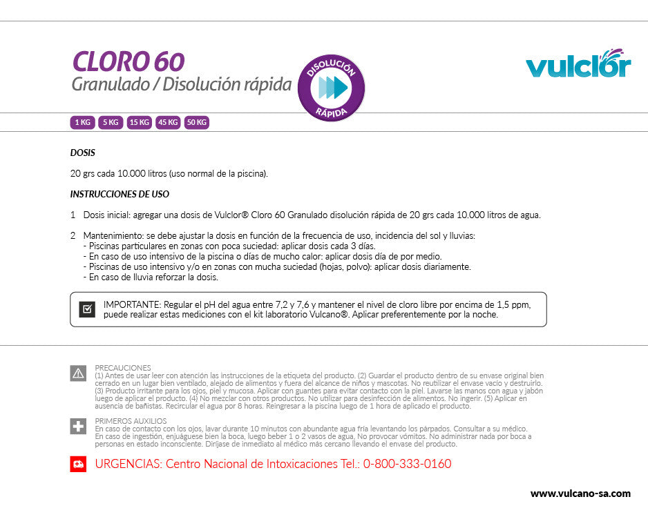 Cloro 60 granulado - Disolución rápida 1KG VULCANO